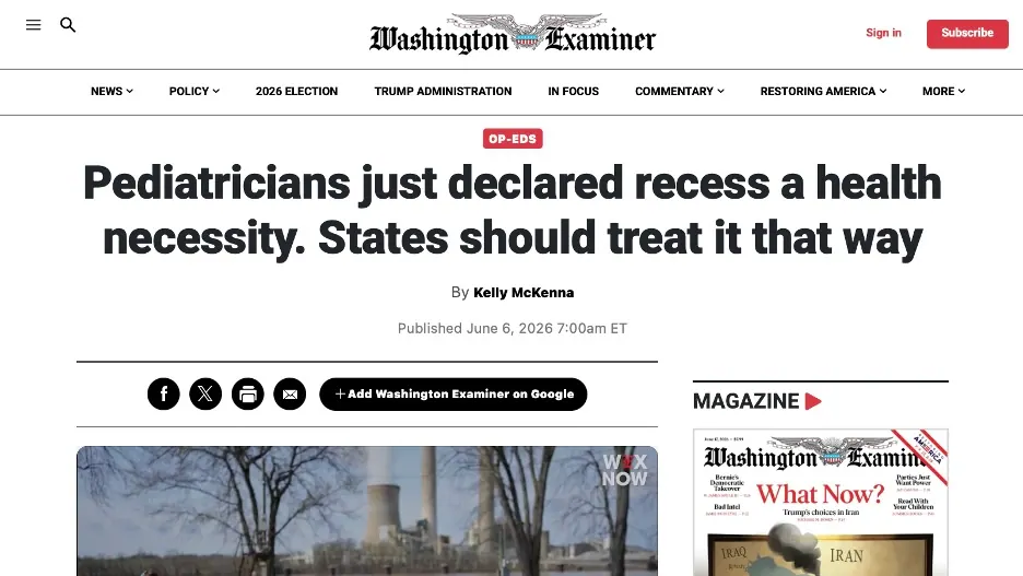 Washington Examiner: Pediatricians declared recess a health necessity; states should treat it that way
